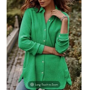 J.‎ Jill Cotton Gauze Textured Button Down Long Sleeve Shirt - Green - Petite XS